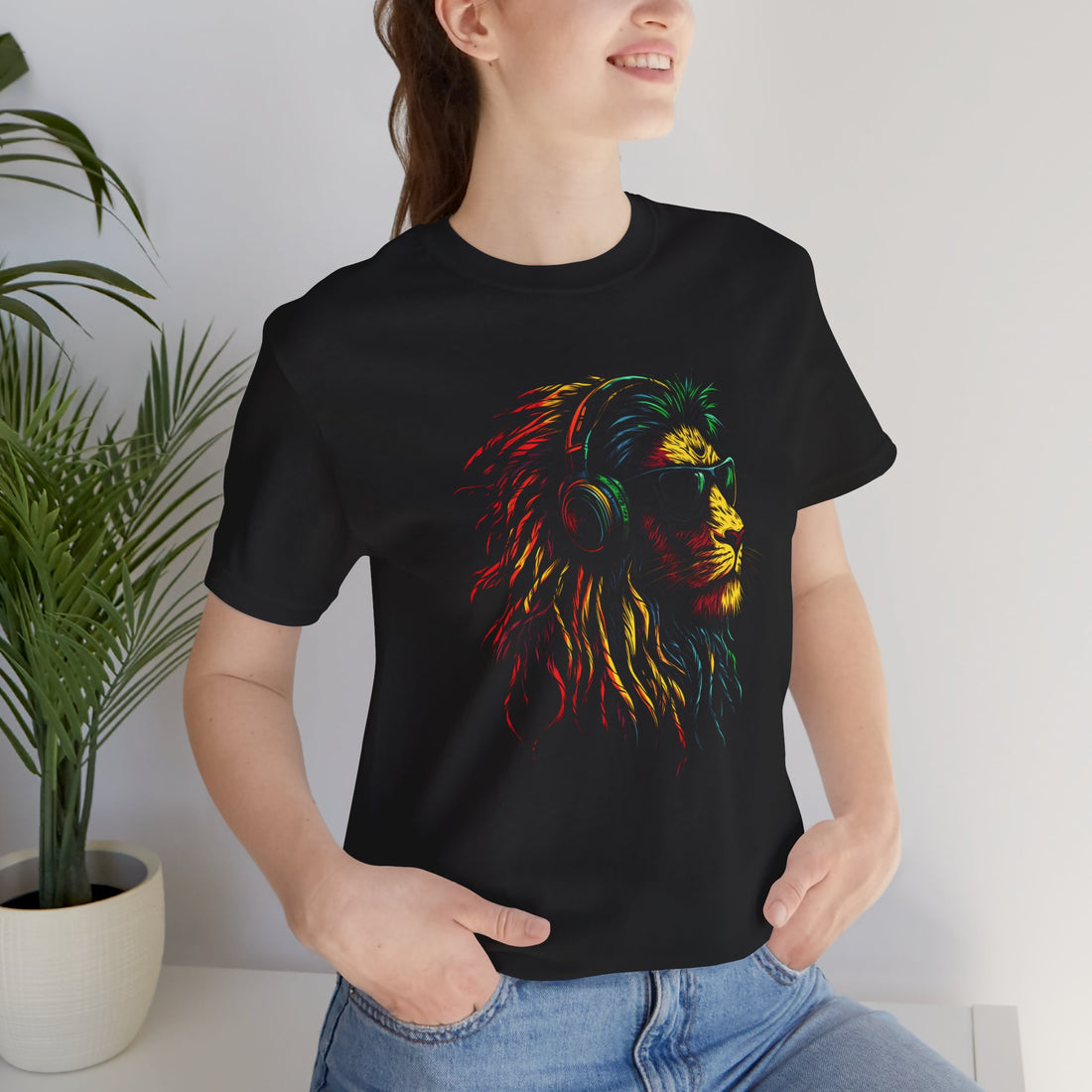 Lion Graphic T-Shirt | Black Lion Tee with Headphones and Sunglasses | Colorful Lion Design for Music and Animal Lovers | Cotton Graphic Tee for Men and Women | Casual Stylish Unisex Shirt