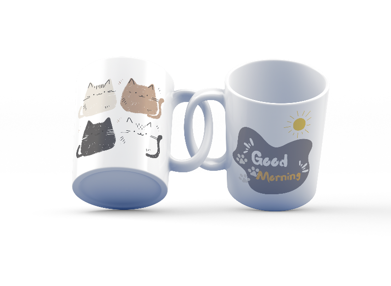 A set of two ceramic mugs, one with a 'Good Morning' text and paw prints, and the other with a series of four cat illustrations.