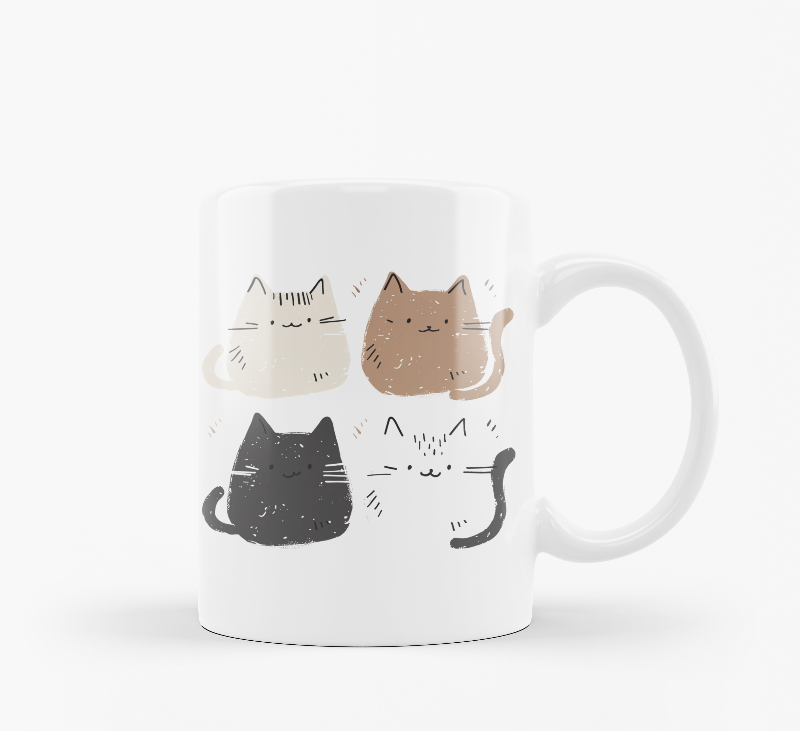 A set of two ceramic mugs, one with a 'Good Morning' text and paw prints, and the other with a series of four cat illustrations.