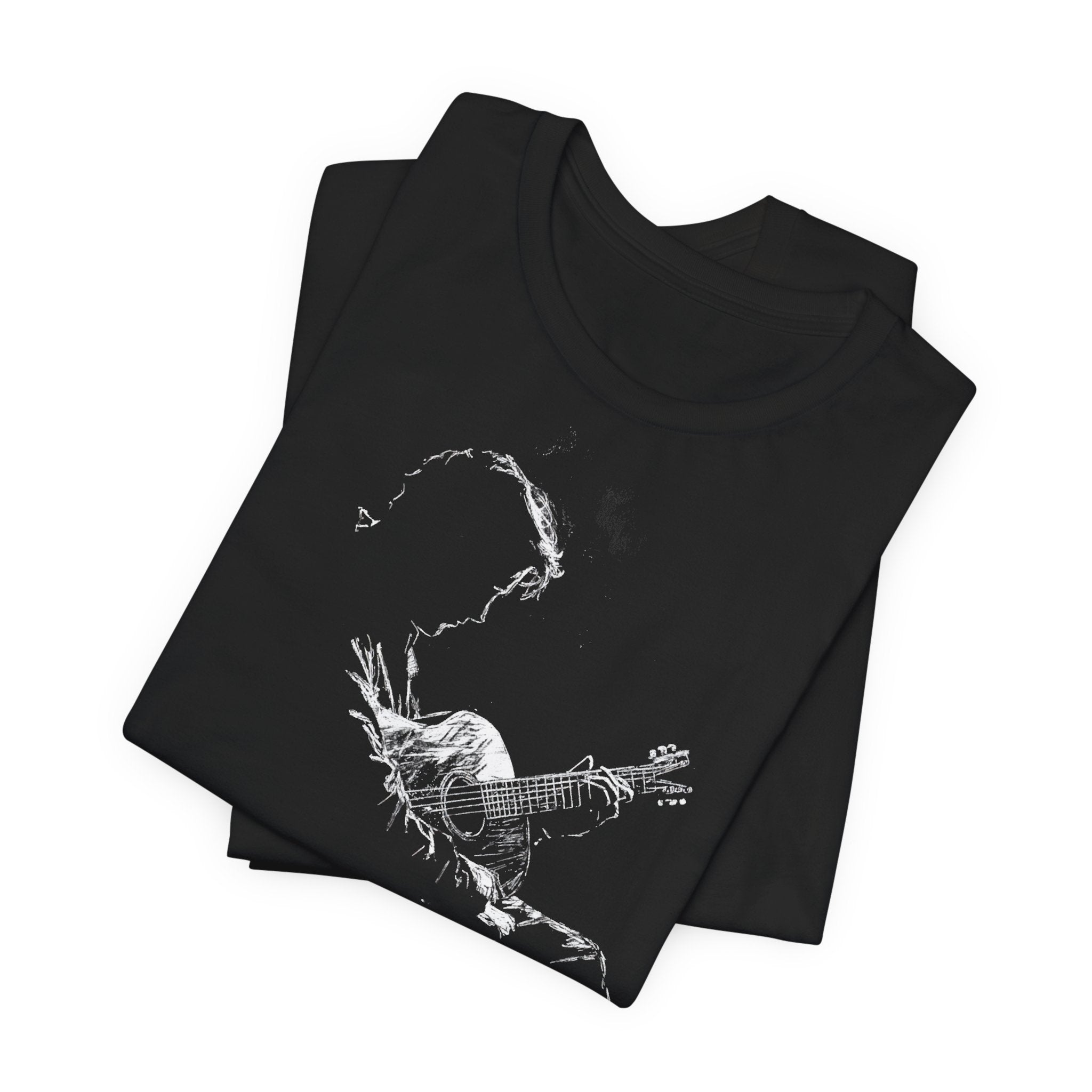 A black cotton t-shirt with a white line art depiction of a silhouette of a guitarist on the front.