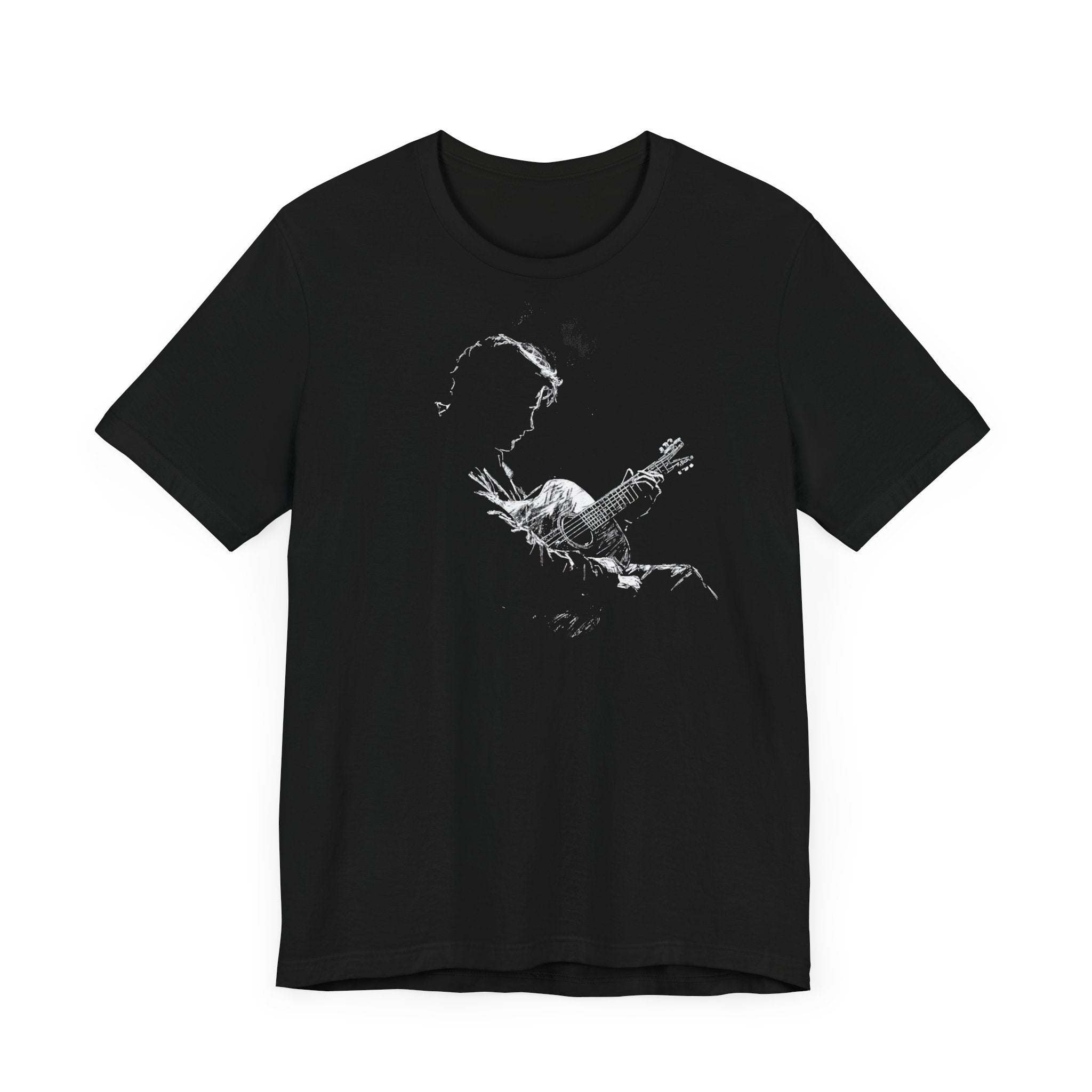 A black cotton t-shirt with a white line art depiction of a silhouette of a guitarist on the front.