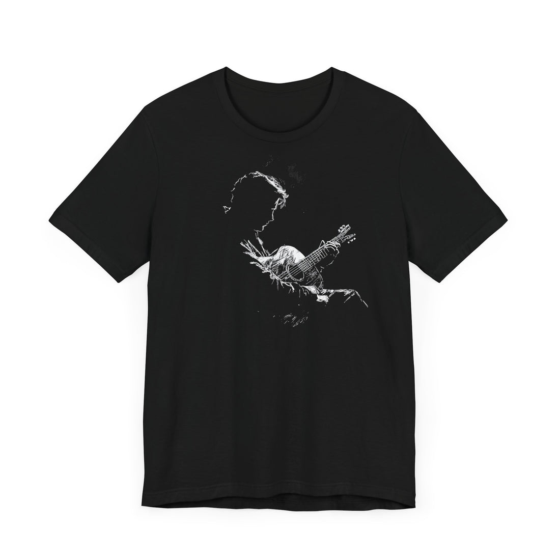 A black cotton t-shirt with a white line art depiction of a silhouette of a guitarist on the front.