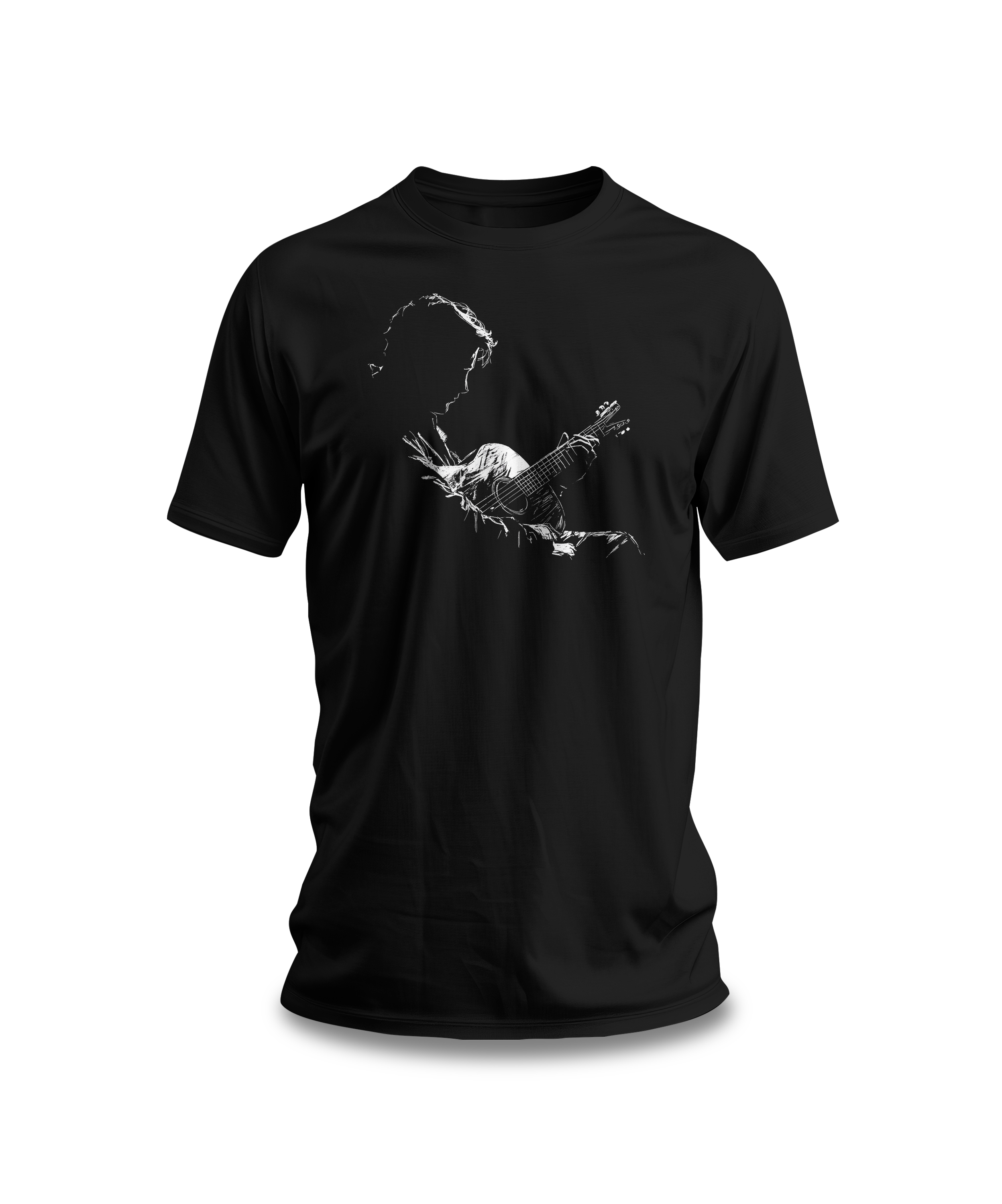 A black cotton t-shirt with a white line art depiction of a silhouette of a guitarist on the front.