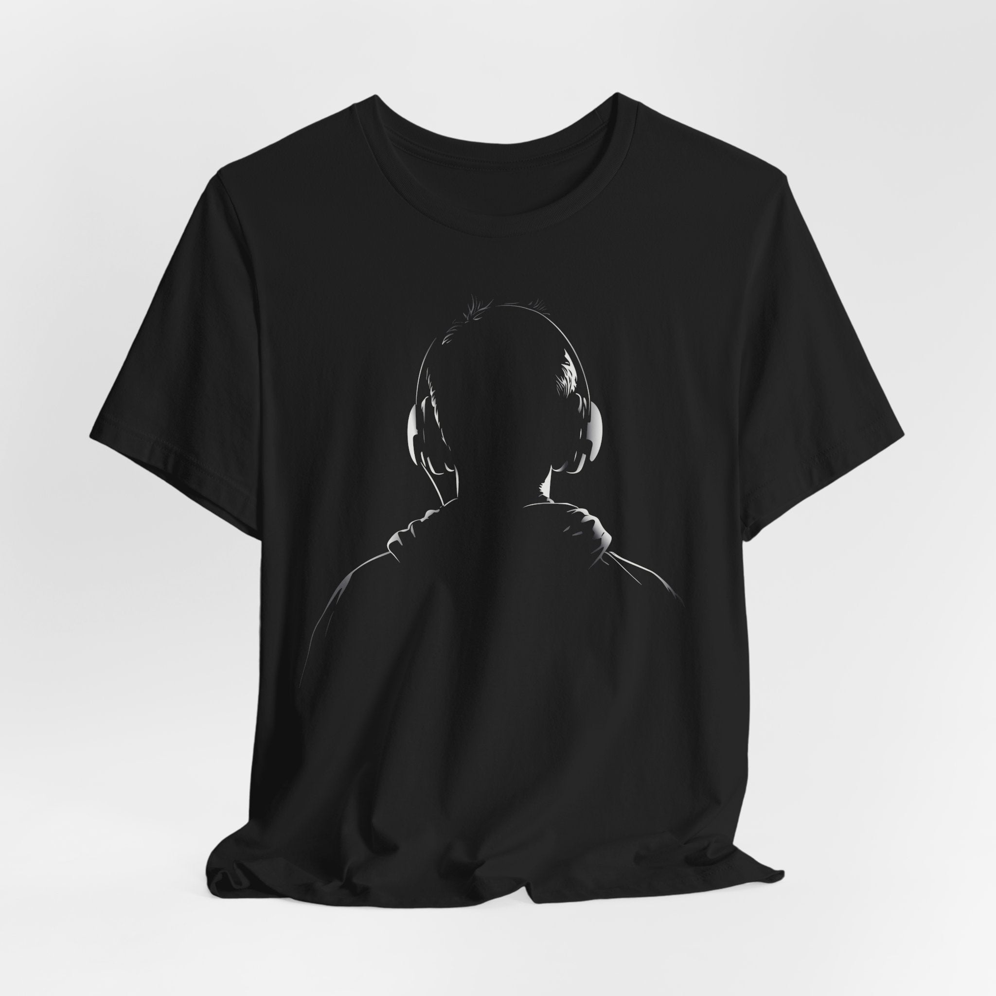 Black cotton tee with a minimalist headphones design printed on the front.