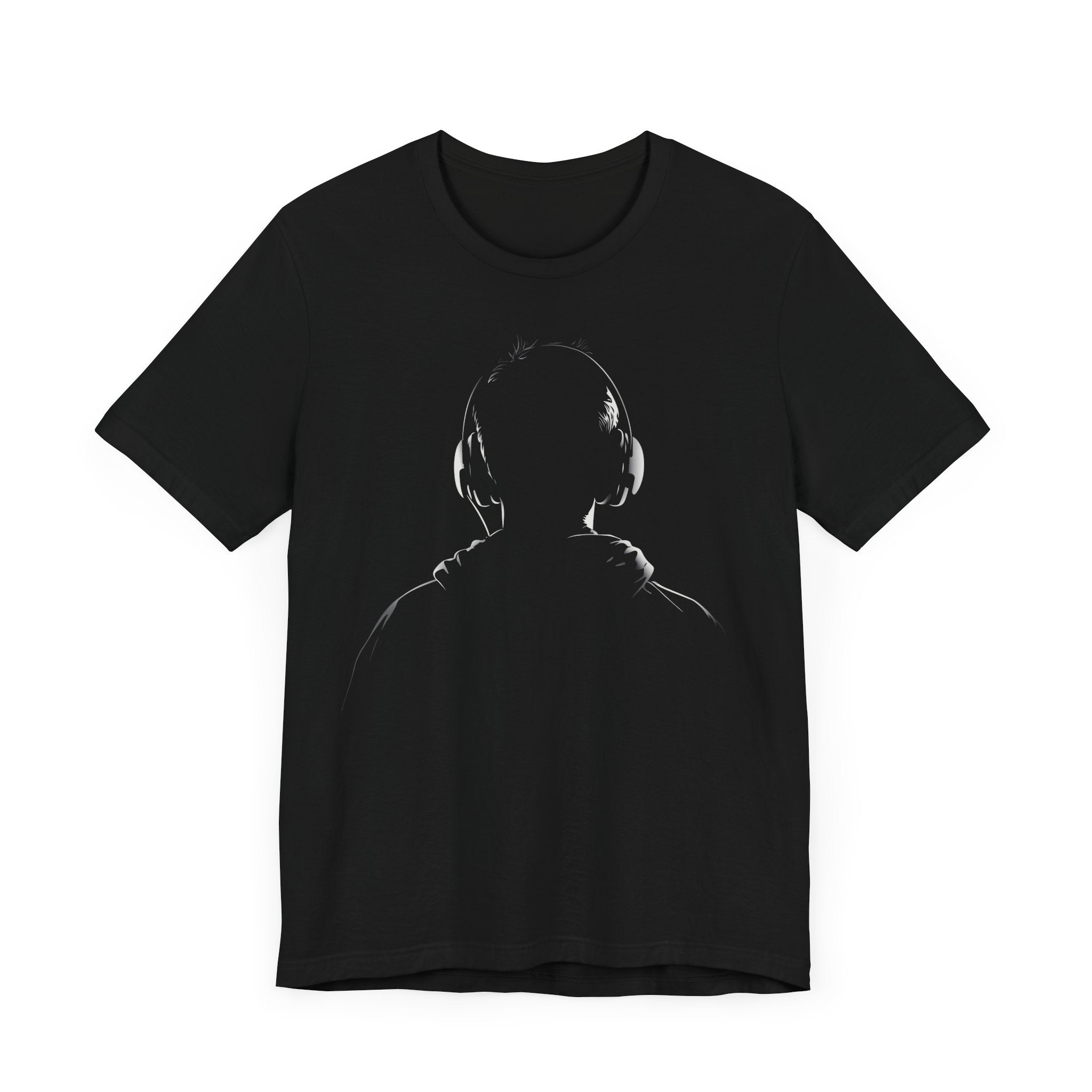Black cotton tee with a minimalist headphones design printed on the front.
