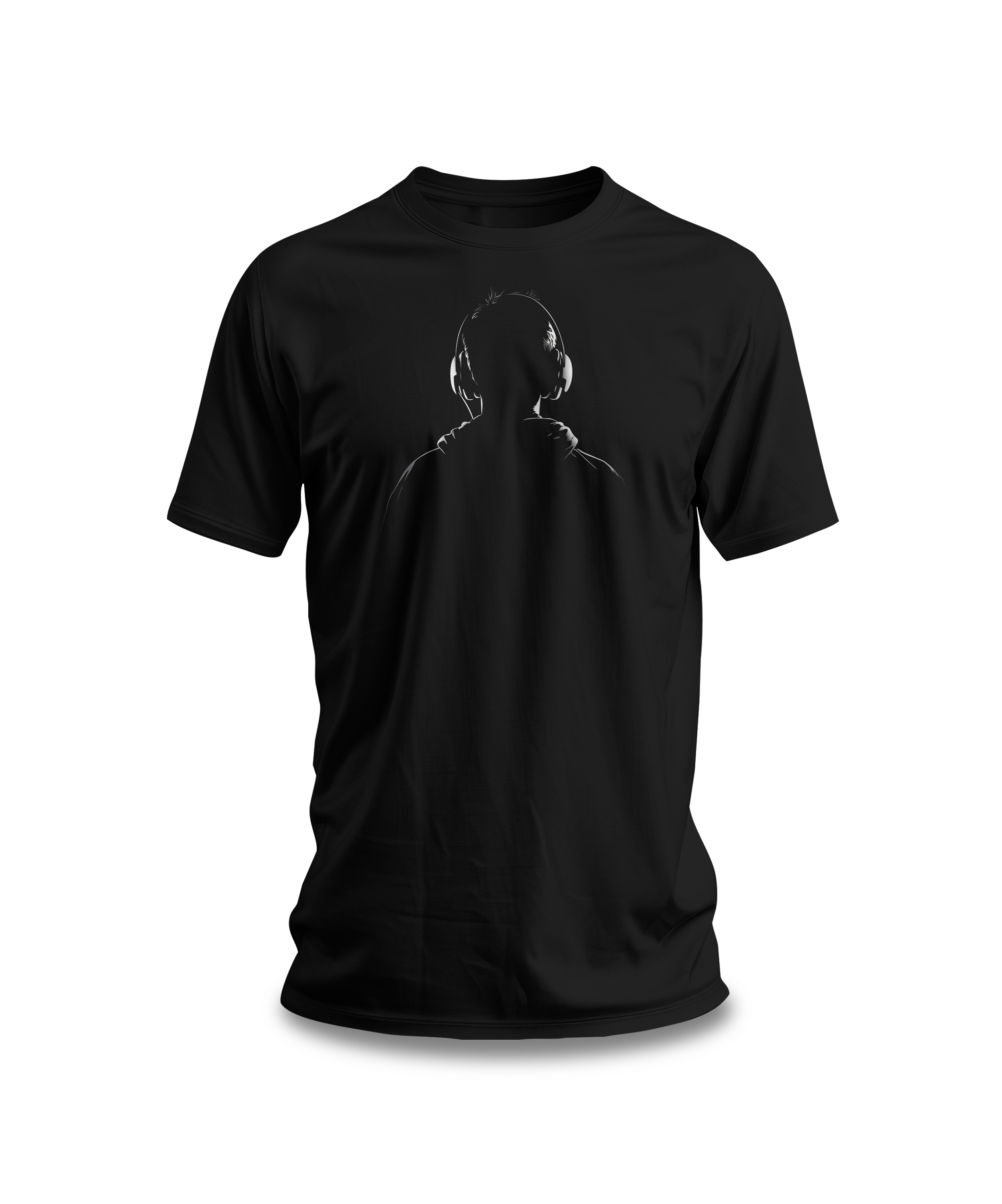 Black cotton tee with a minimalist headphones design printed on the front.