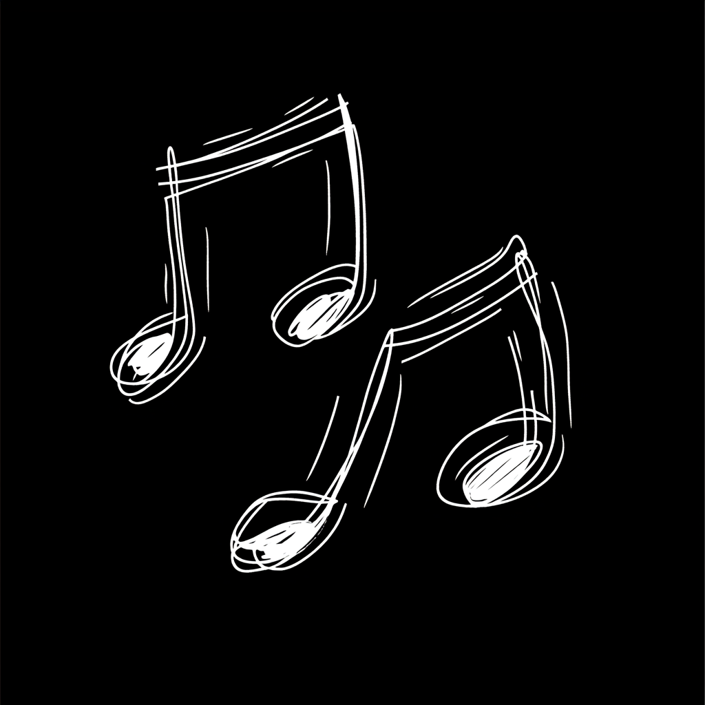 A black cotton t-shirt with a minimalist white hand-drawn music notes design on the front.