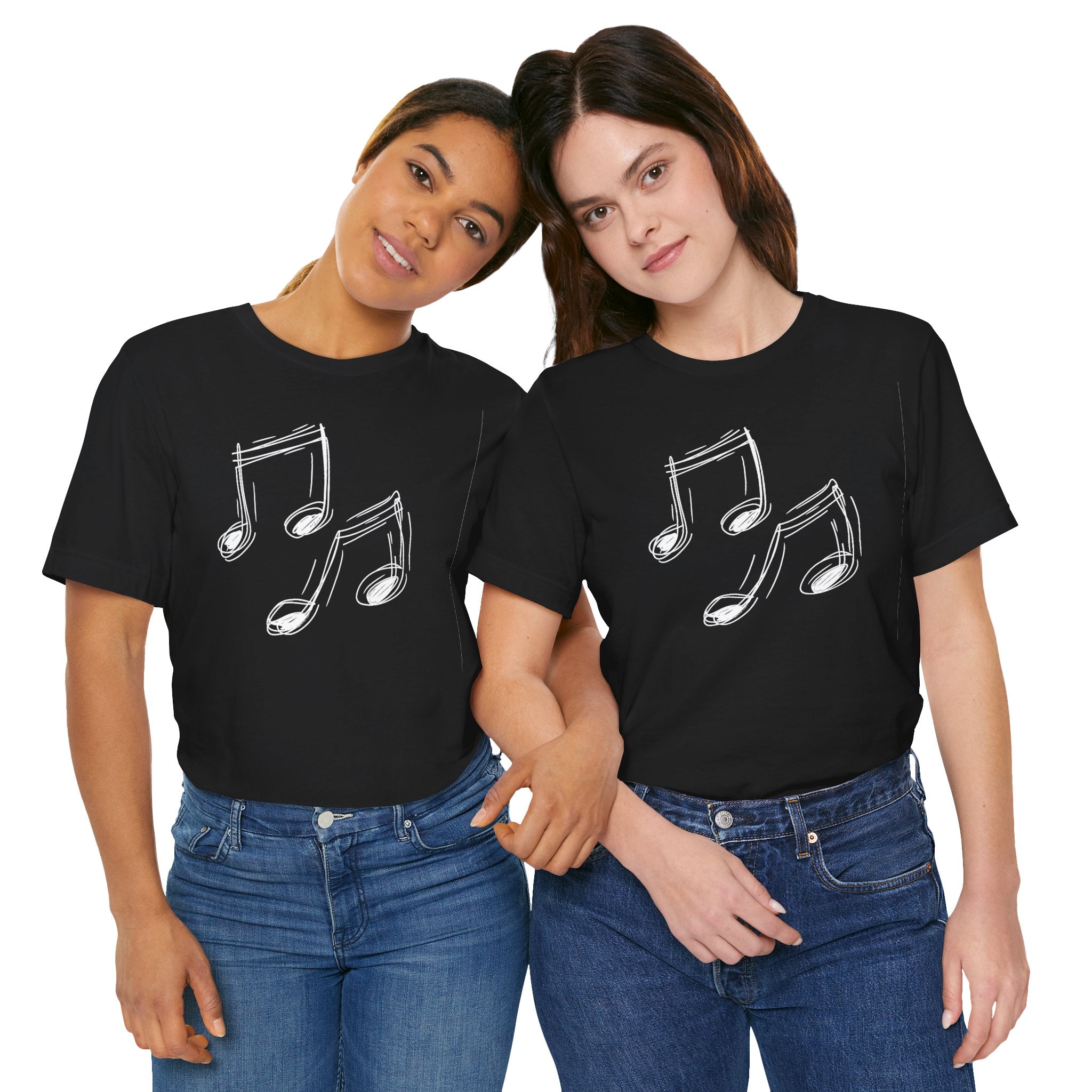 A black cotton t-shirt with a minimalist white hand-drawn music notes design on the front.