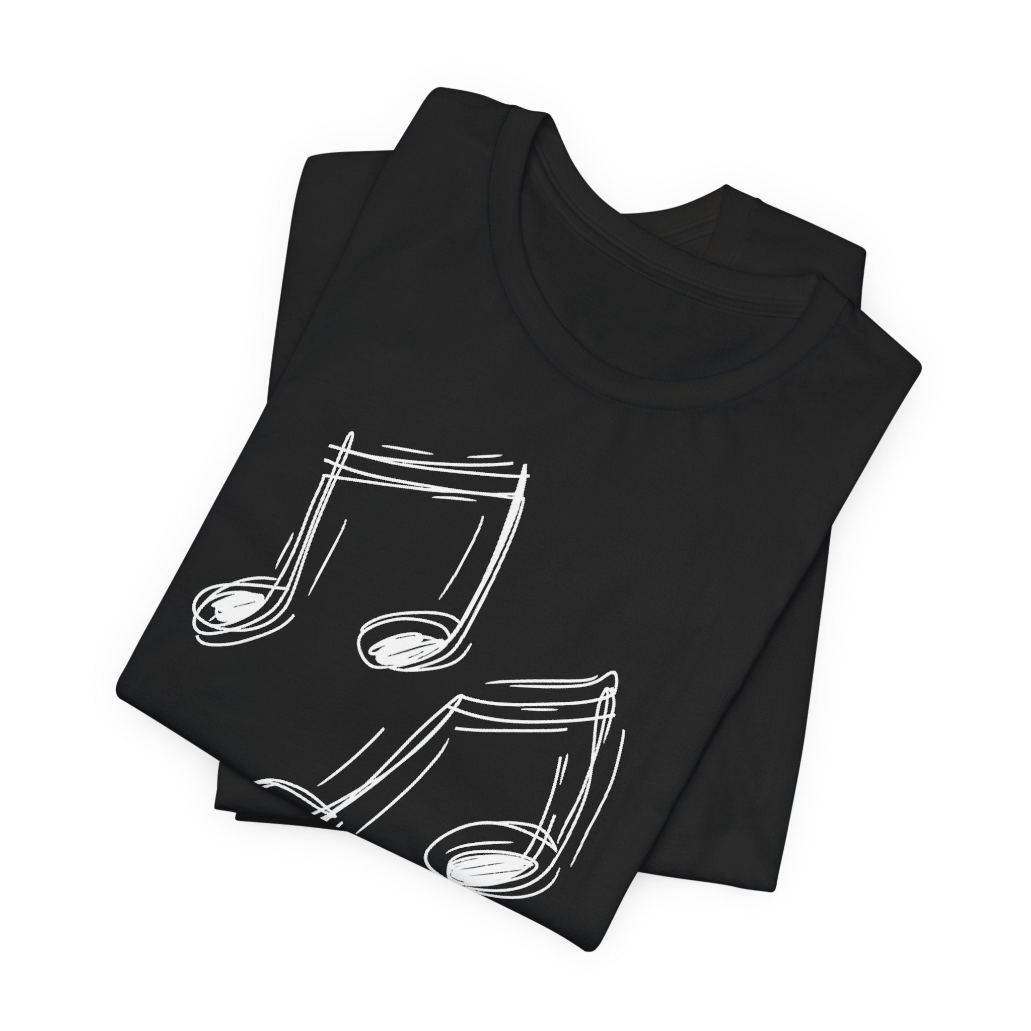 A black cotton t-shirt with a minimalist white hand-drawn music notes design on the front.