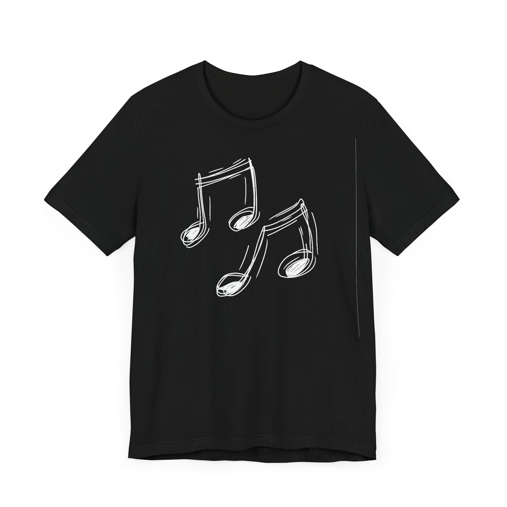 A black cotton t-shirt with a minimalist white hand-drawn music notes design on the front.