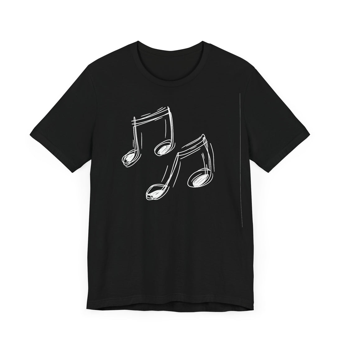 A black cotton t-shirt with a minimalist white hand-drawn music notes design on the front.