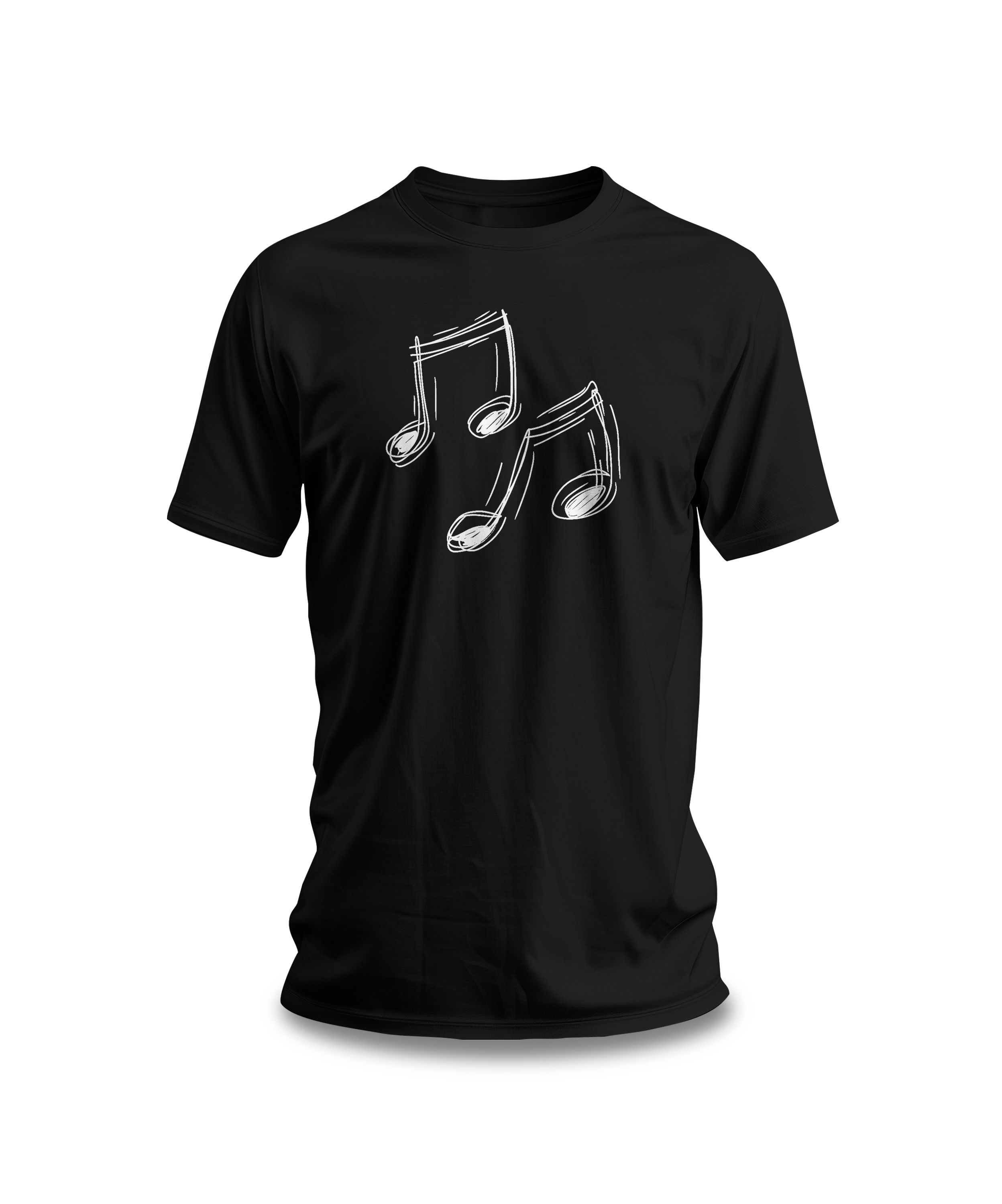A black cotton t-shirt with a minimalist white hand-drawn music notes design on the front.