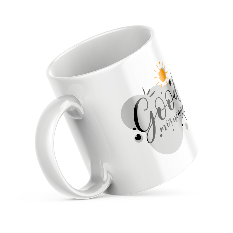 A set of two ceramic mugs, one with a black paw print design on a white background and the other with a 'Good Morning' message alongside a sun and paw accent on a blue background.