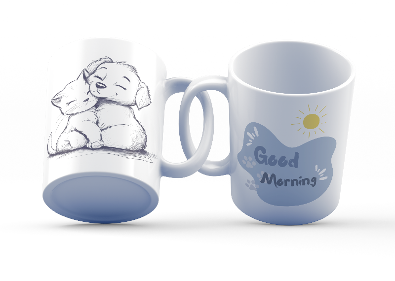 A ceramic coffee mug with a double-sided design featuring an illustration of a puppy and a kitten on one side and a 'Good Morning' message with paw prints on the other.