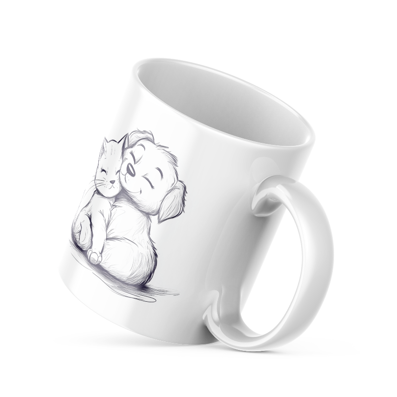 A ceramic coffee mug with a double-sided design featuring an illustration of a puppy and a kitten on one side and a 'Good Morning' message with paw prints on the other.