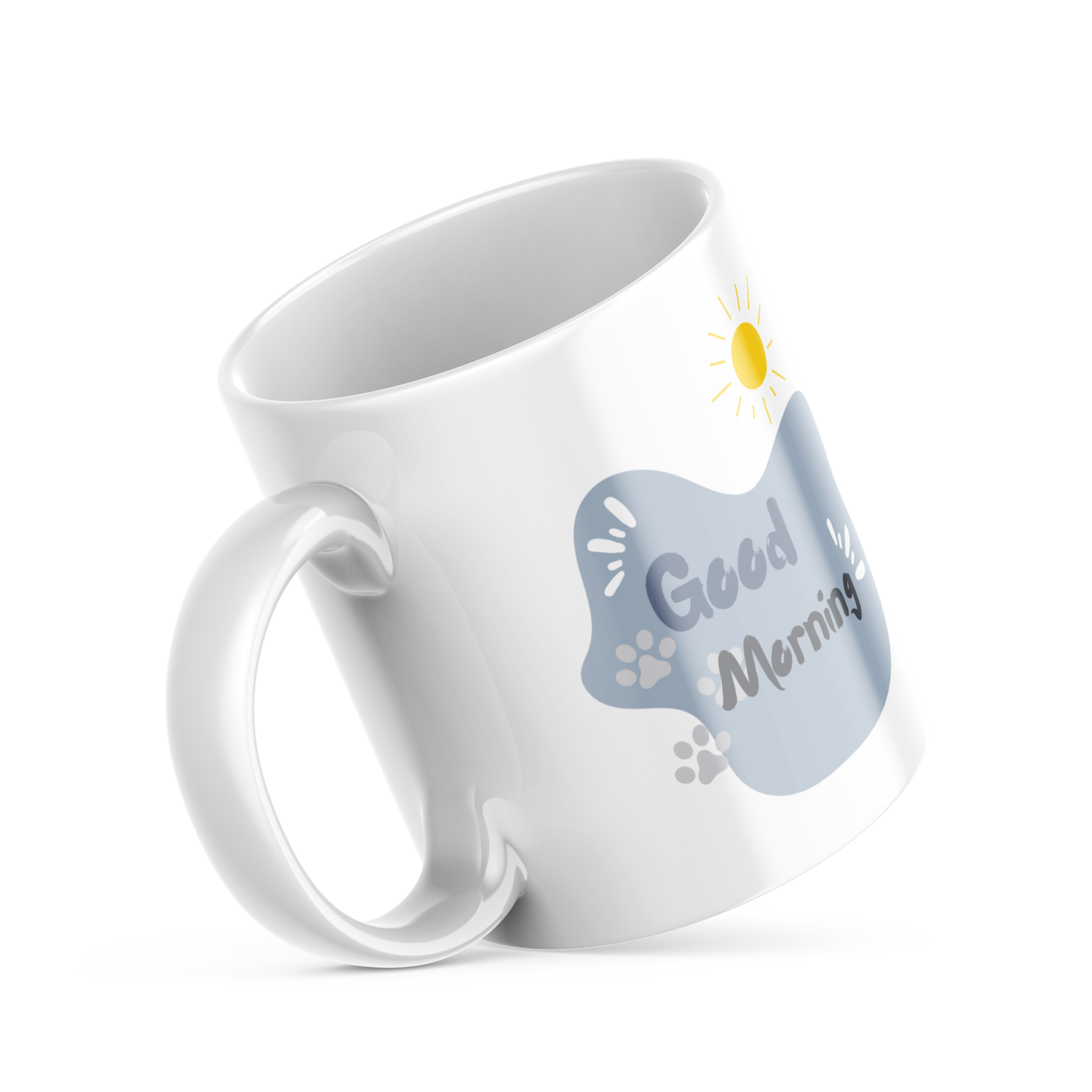 A ceramic coffee mug with a double-sided design featuring an illustration of a puppy and a kitten on one side and a 'Good Morning' message with paw prints on the other.