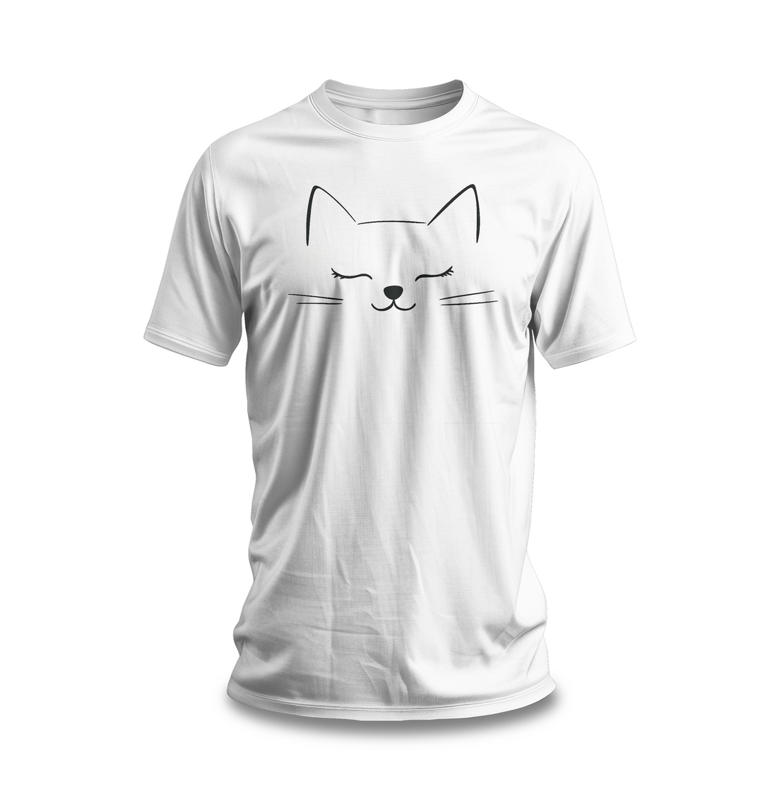 White cotton T-shirt with a minimalist design of a closed-eyed cat face on the front.