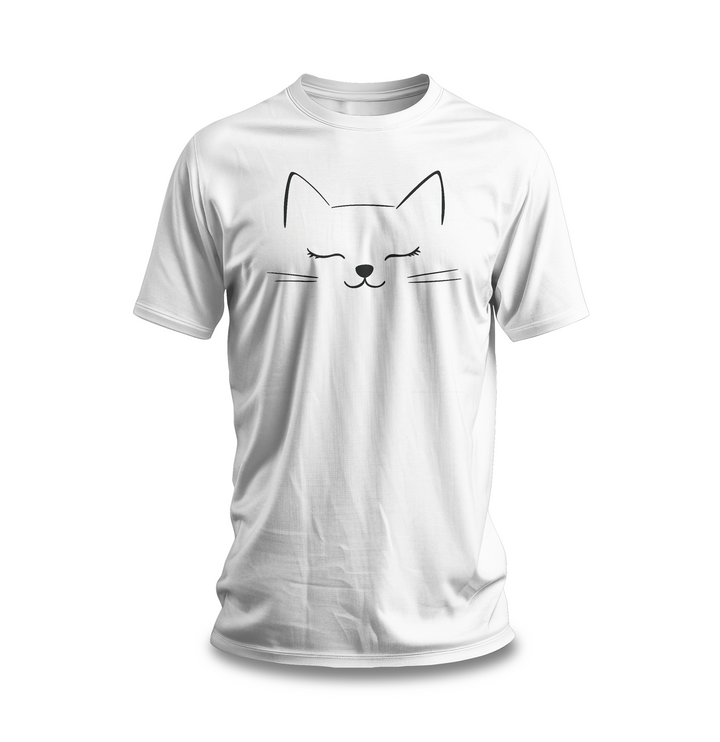 White cotton T-shirt with a minimalist design of a closed-eyed cat face on the front.
