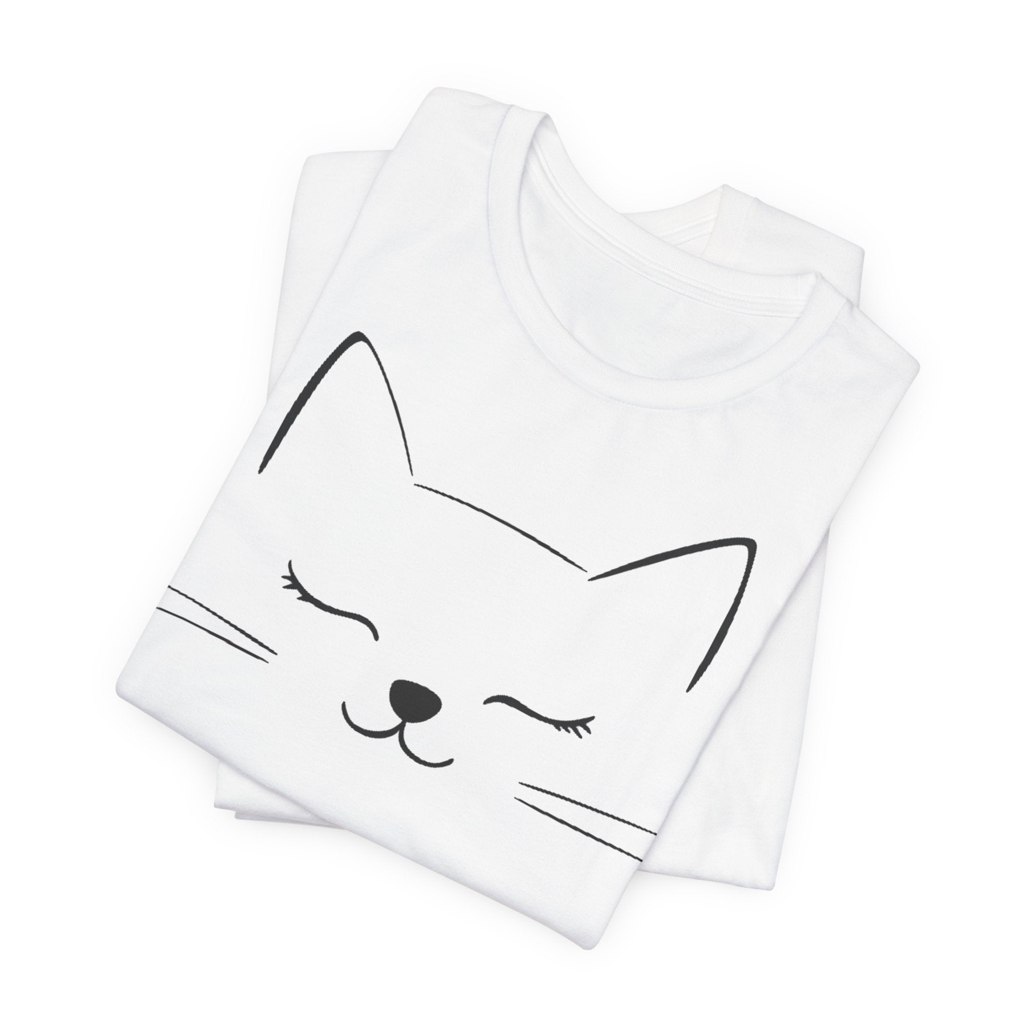White cotton T-shirt with a minimalist design of a closed-eyed cat face on the front.