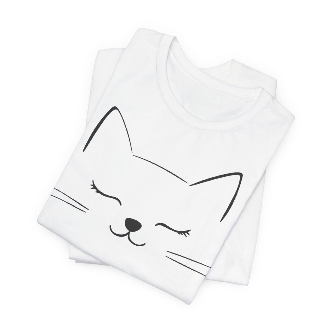 White cotton T-shirt with a minimalist design of a closed-eyed cat face on the front.