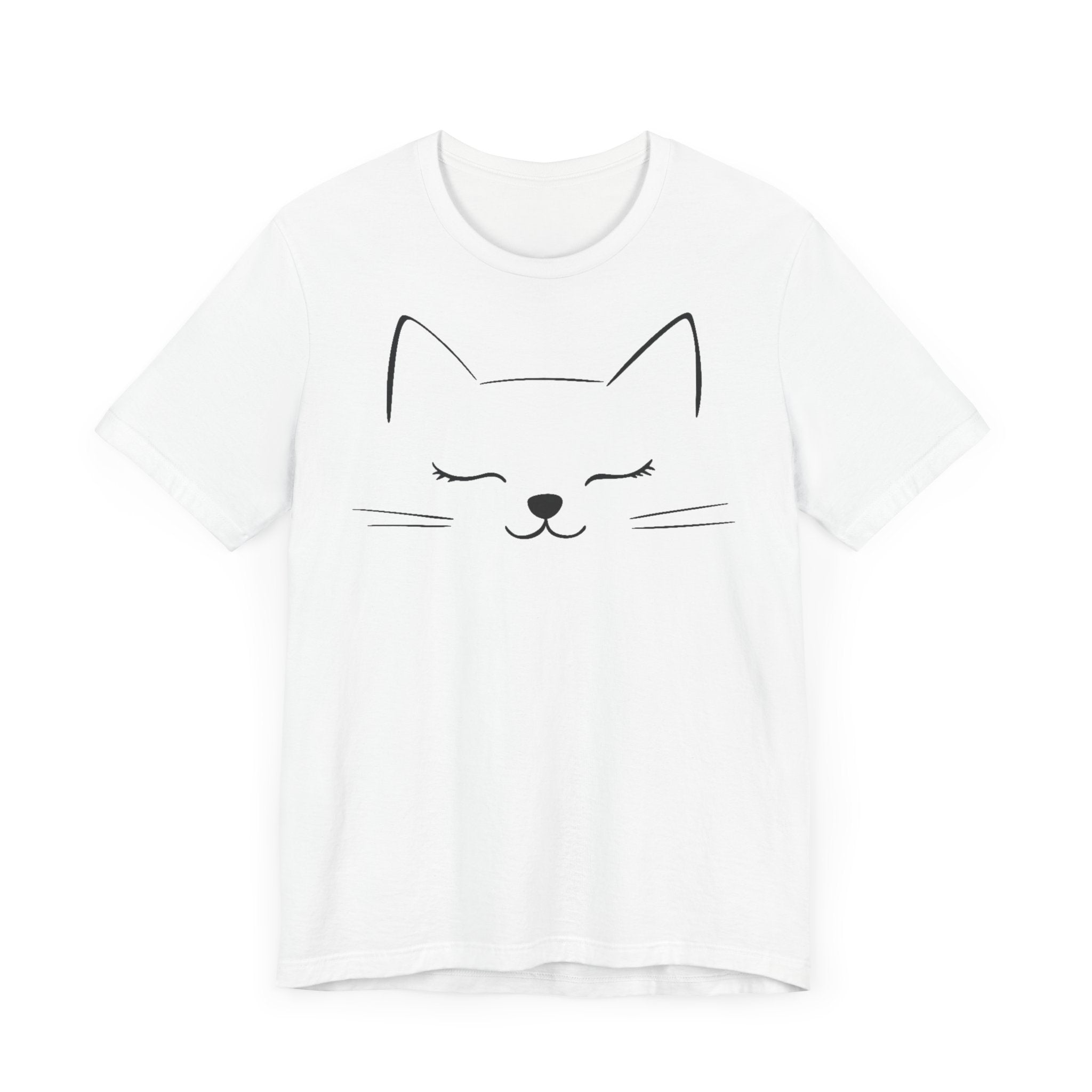 White cotton T-shirt with a minimalist design of a closed-eyed cat face on the front.