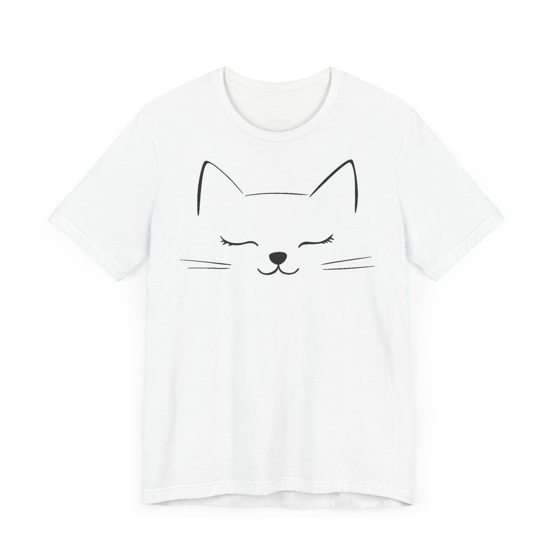 White cotton T-shirt with a minimalist design of a closed-eyed cat face on the front.