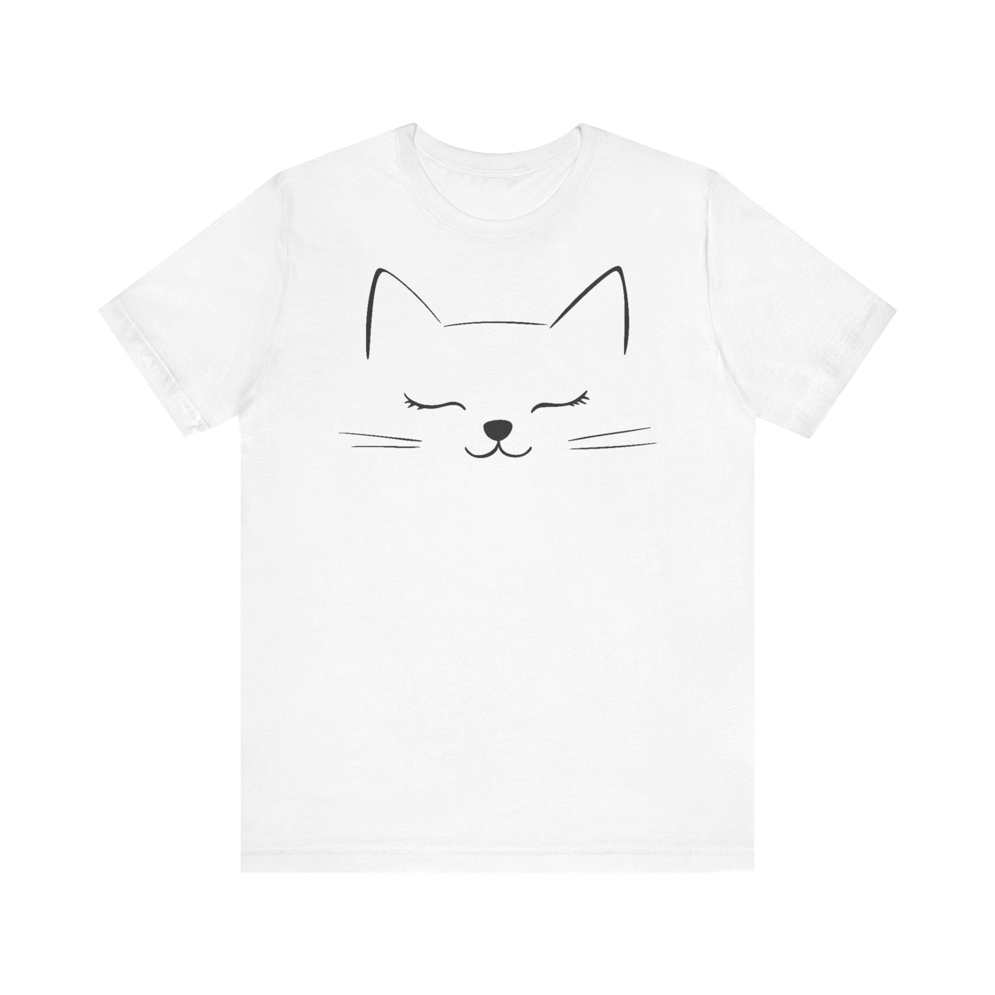 White cotton T-shirt with a minimalist design of a closed-eyed cat face on the front.