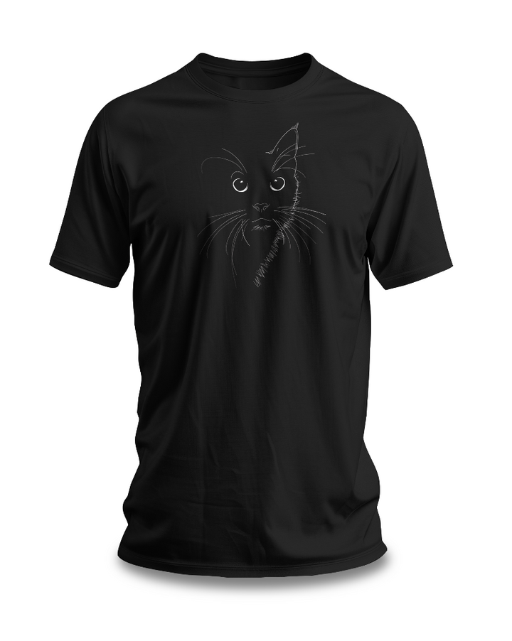 Black t-shirt with a minimalist line drawing of a cat's face on the front.