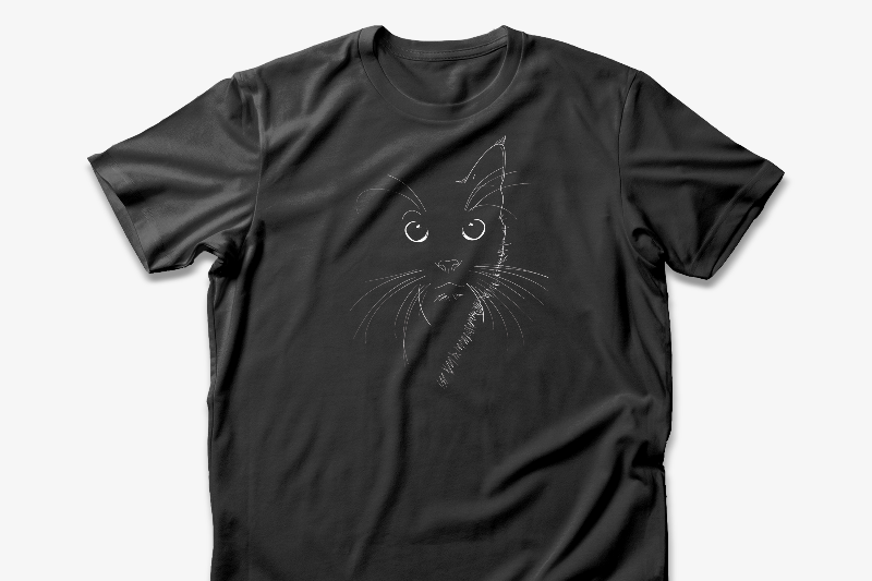 Black t-shirt with a minimalist line drawing of a cat's face on the front.