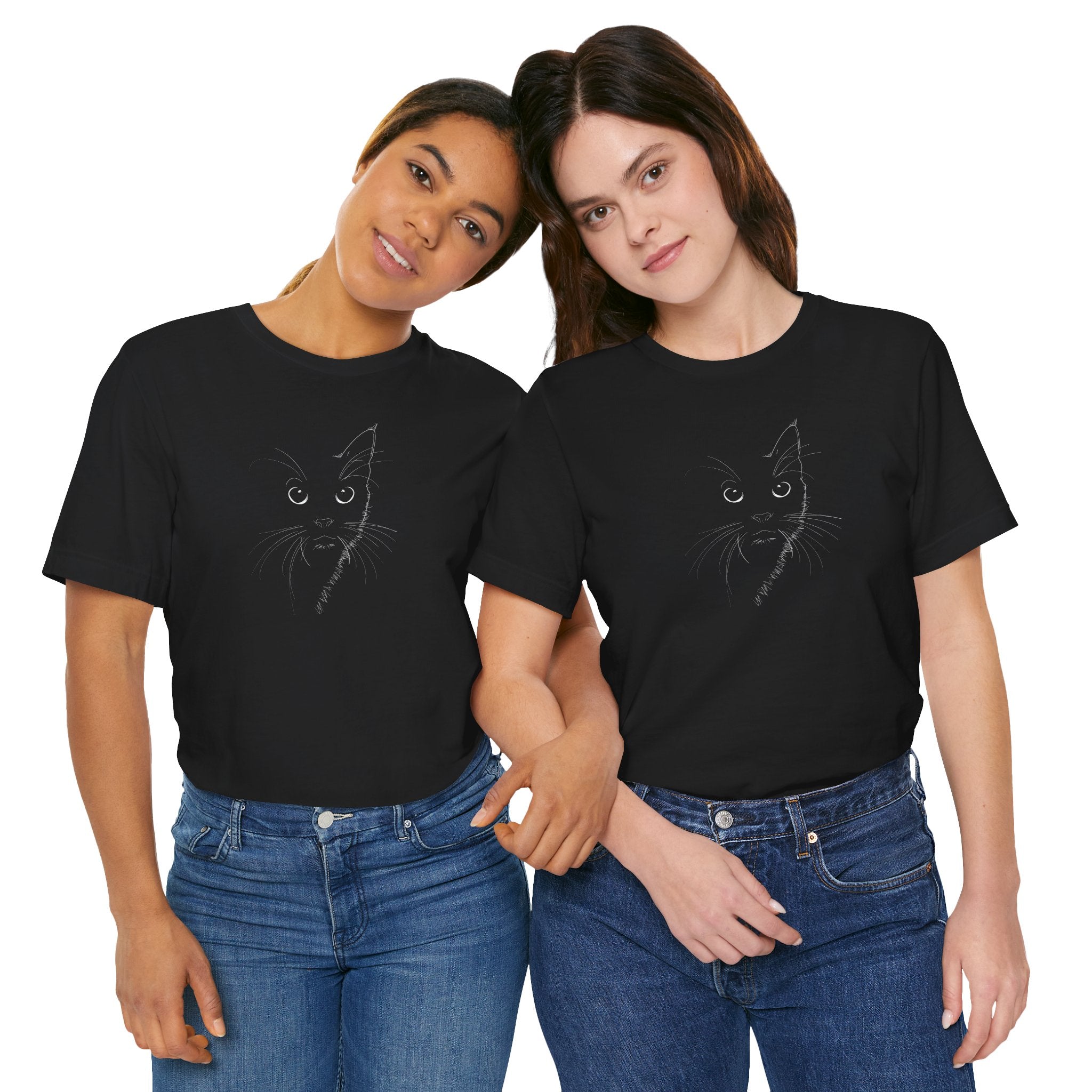 Black t-shirt with a minimalist line drawing of a cat's face on the front.