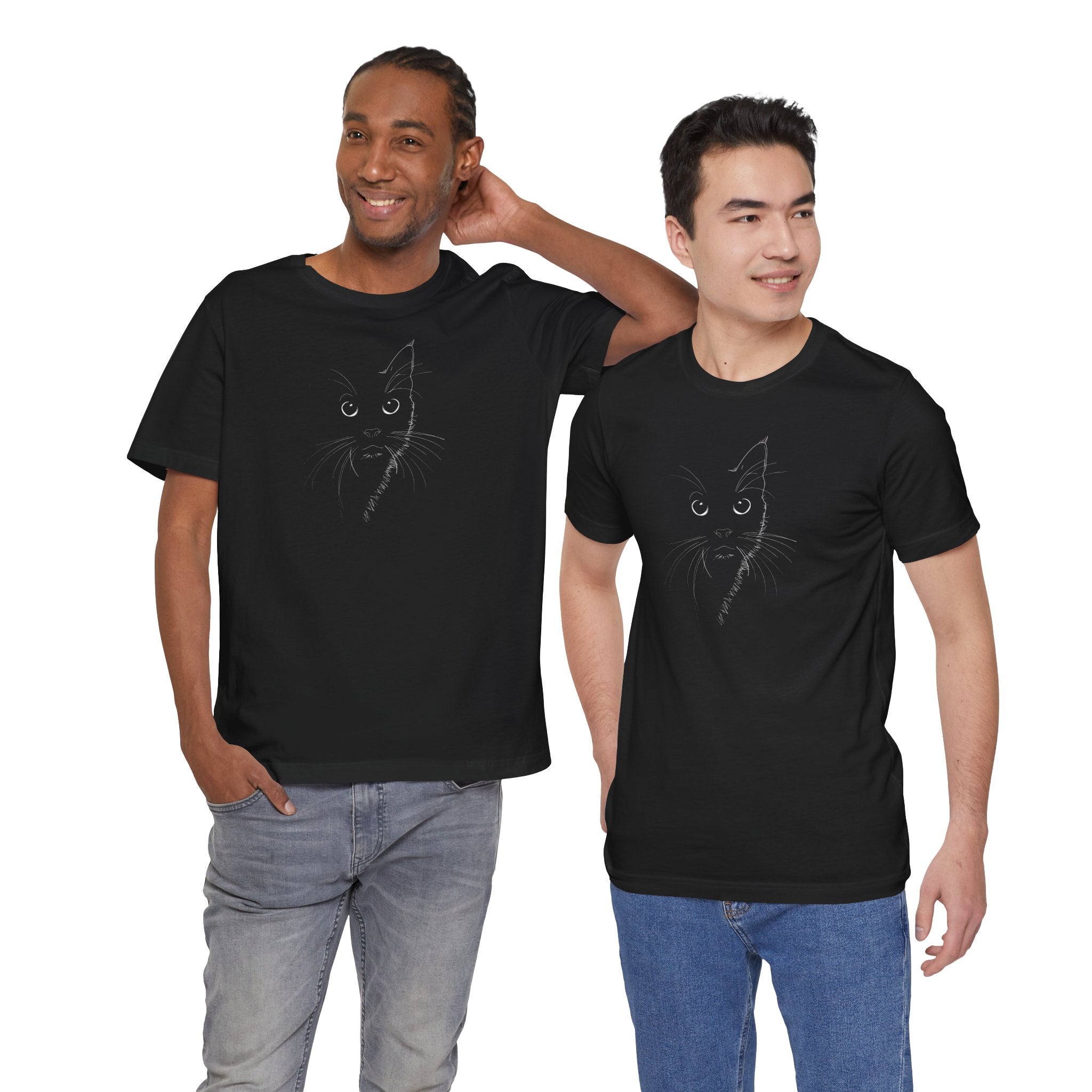 Black t-shirt with a minimalist line drawing of a cat's face on the front.