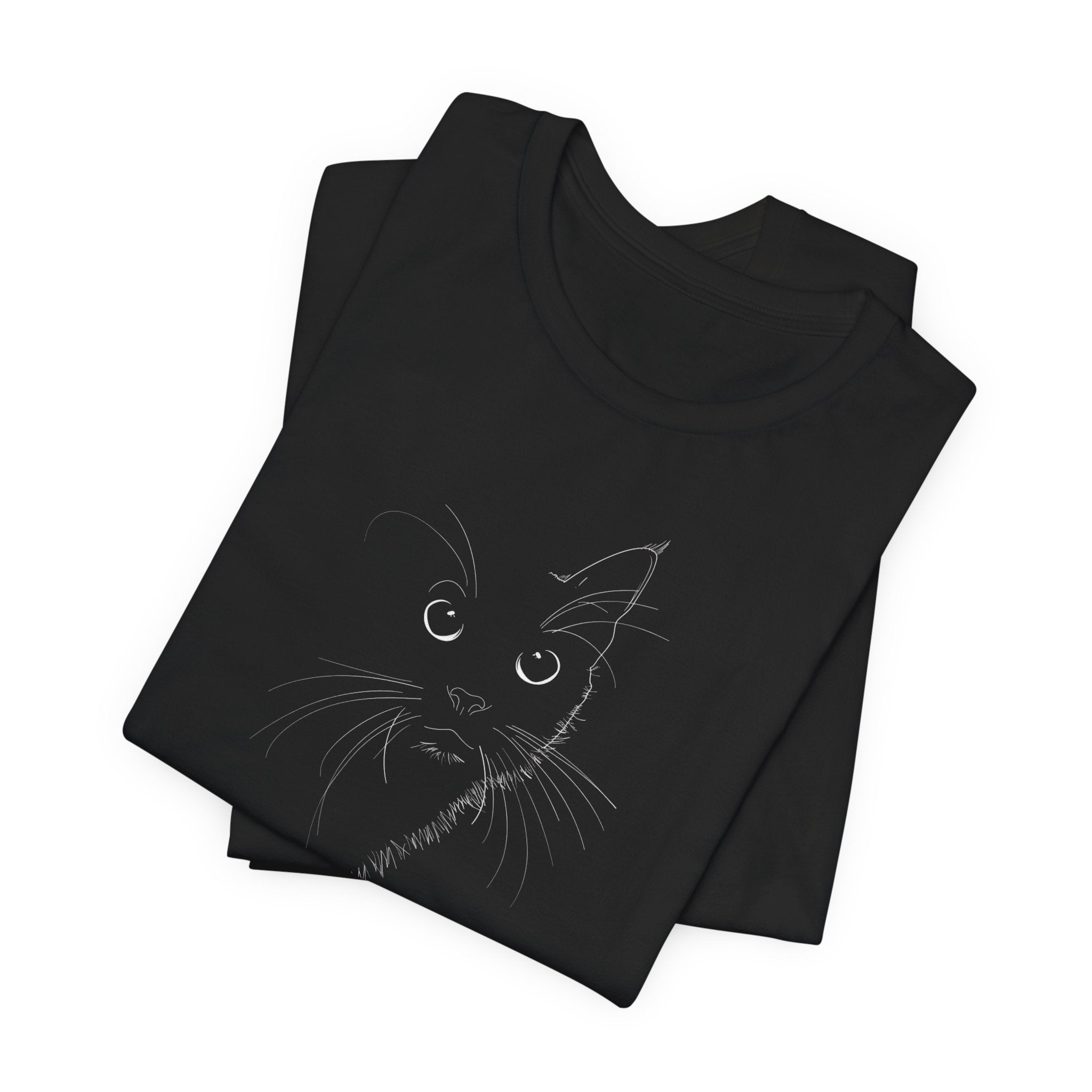 Black t-shirt with a minimalist line drawing of a cat's face on the front.
