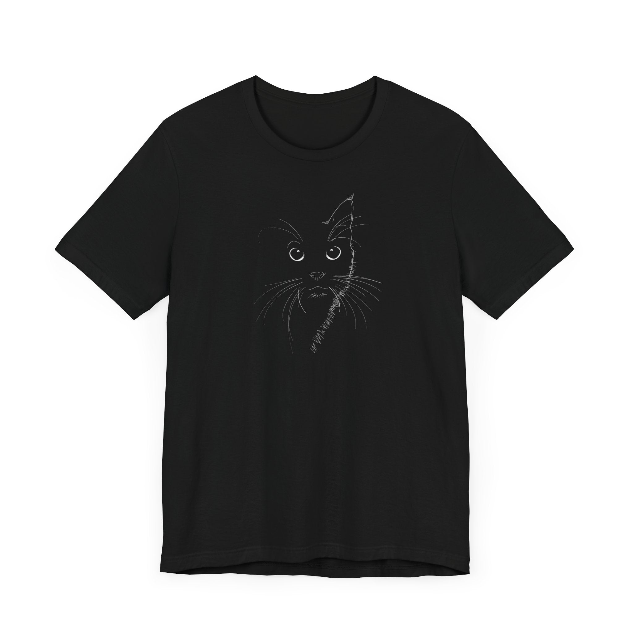Black t-shirt with a minimalist line drawing of a cat's face on the front.