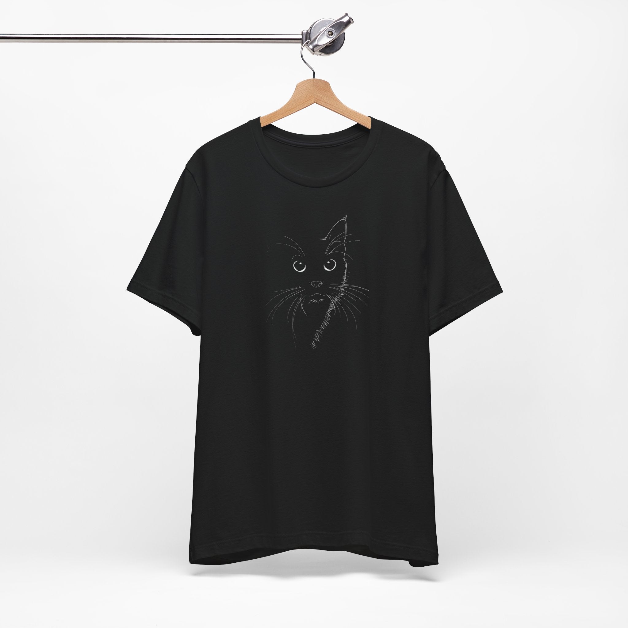 Black t-shirt with a minimalist line drawing of a cat's face on the front.