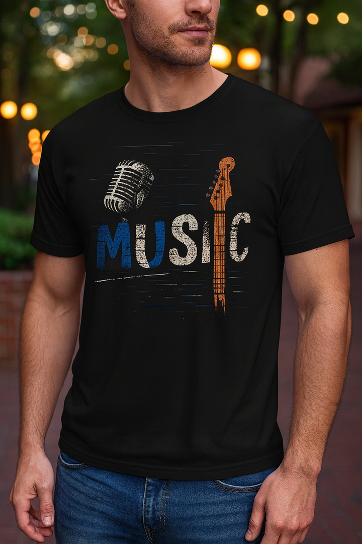Person wearing a black t-shirt with a microphone and guitar design, standing outdoors.