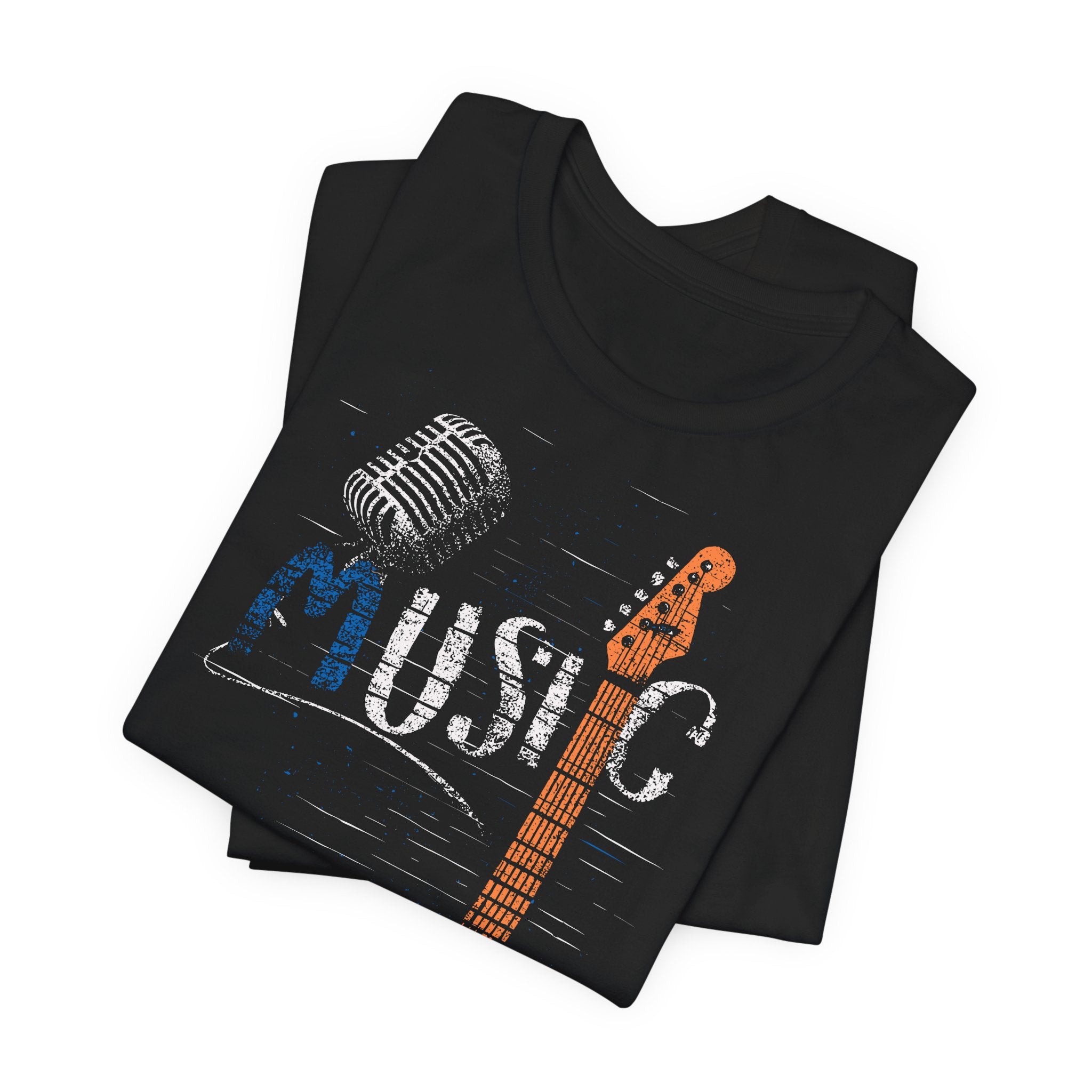 Black t-shirt with music-themed design featuring a microphone and guitar neck on a white background