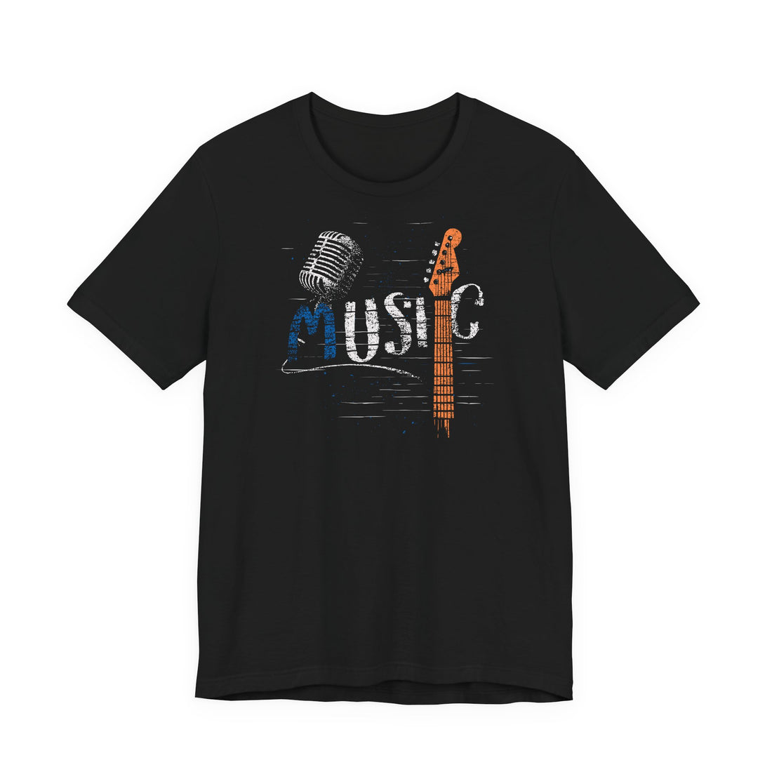 Black t-shirt with a microphone and guitar neck design on a white background
