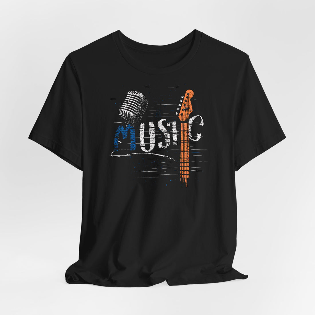 Black t-shirt with a graphic design of a microphone and guitar neck on a white background