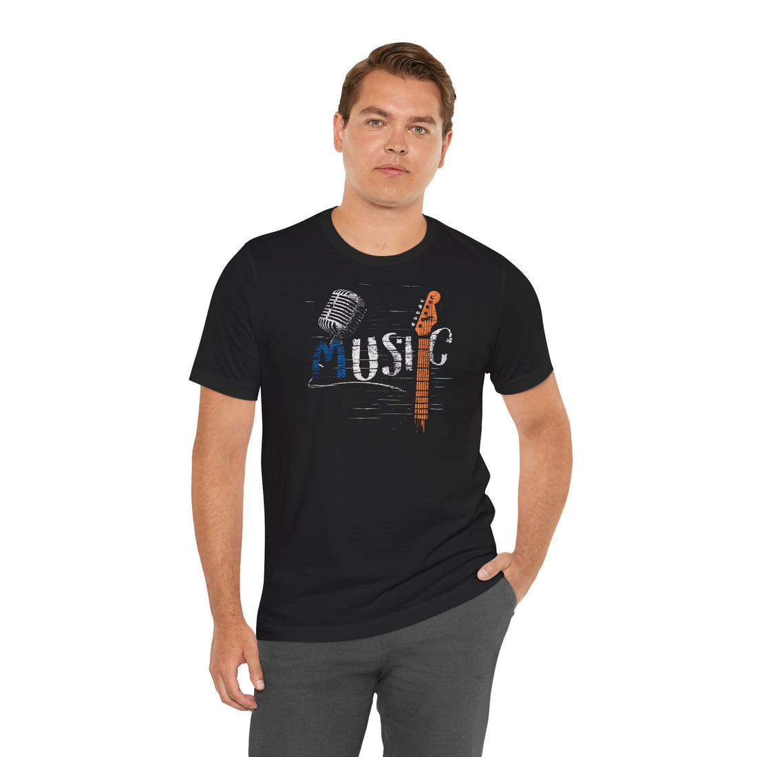 Man wearing a black t-shirt with a music-themed design on a white background