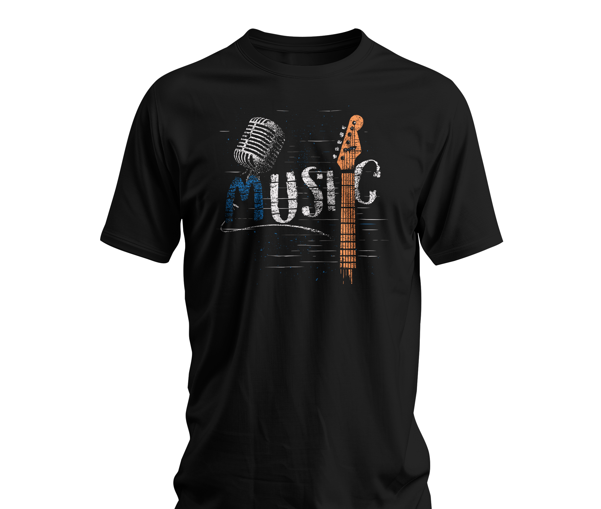 Black t-shirt with a guitar and microphone design on a white background