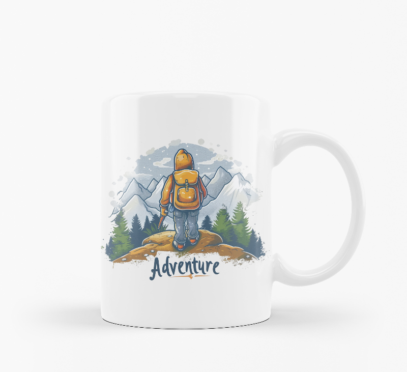 A set of two ceramic mugs, one with an adventure theme featuring a hiker on a mountain, and the other with a 'Good Morning' message, both with a snowy mountain backdrop.