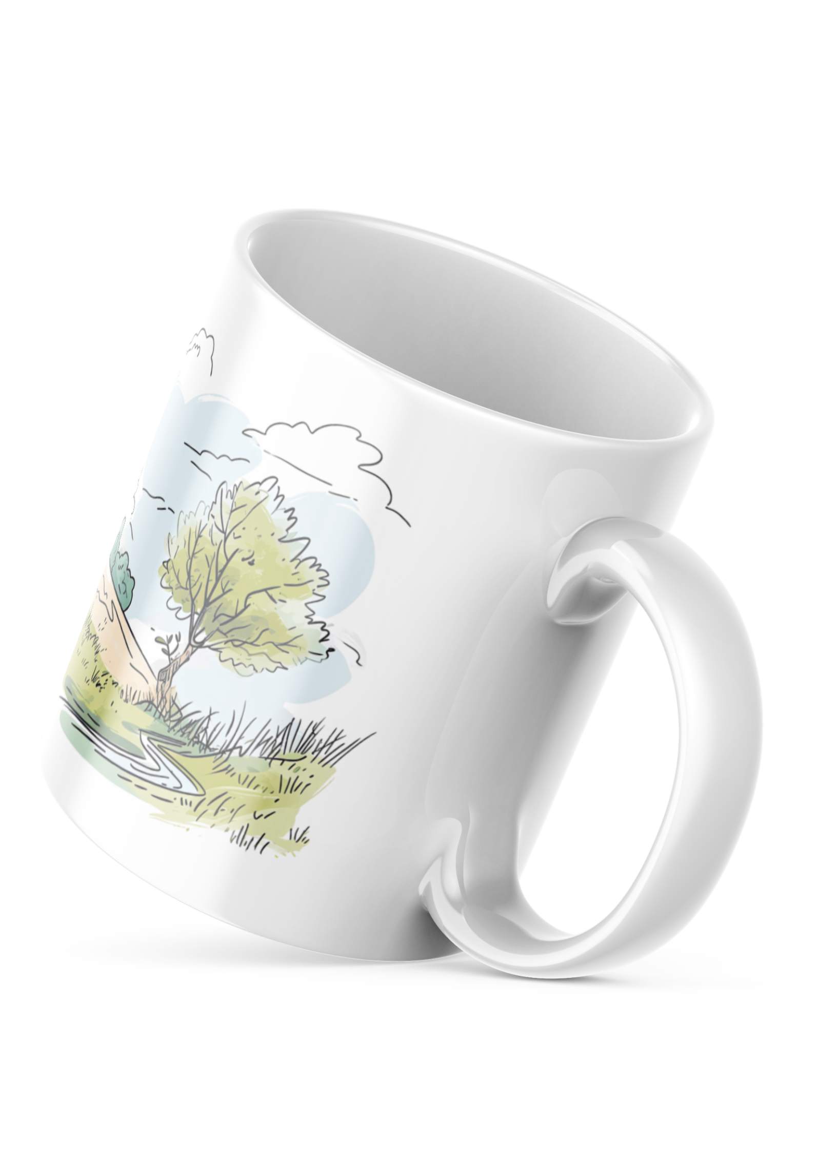 Two white ceramic mugs with a green and brown tree illustration and the quote 'Live Close to Nature'. One mug shows the exterior while the other displays the interior with a beverage.