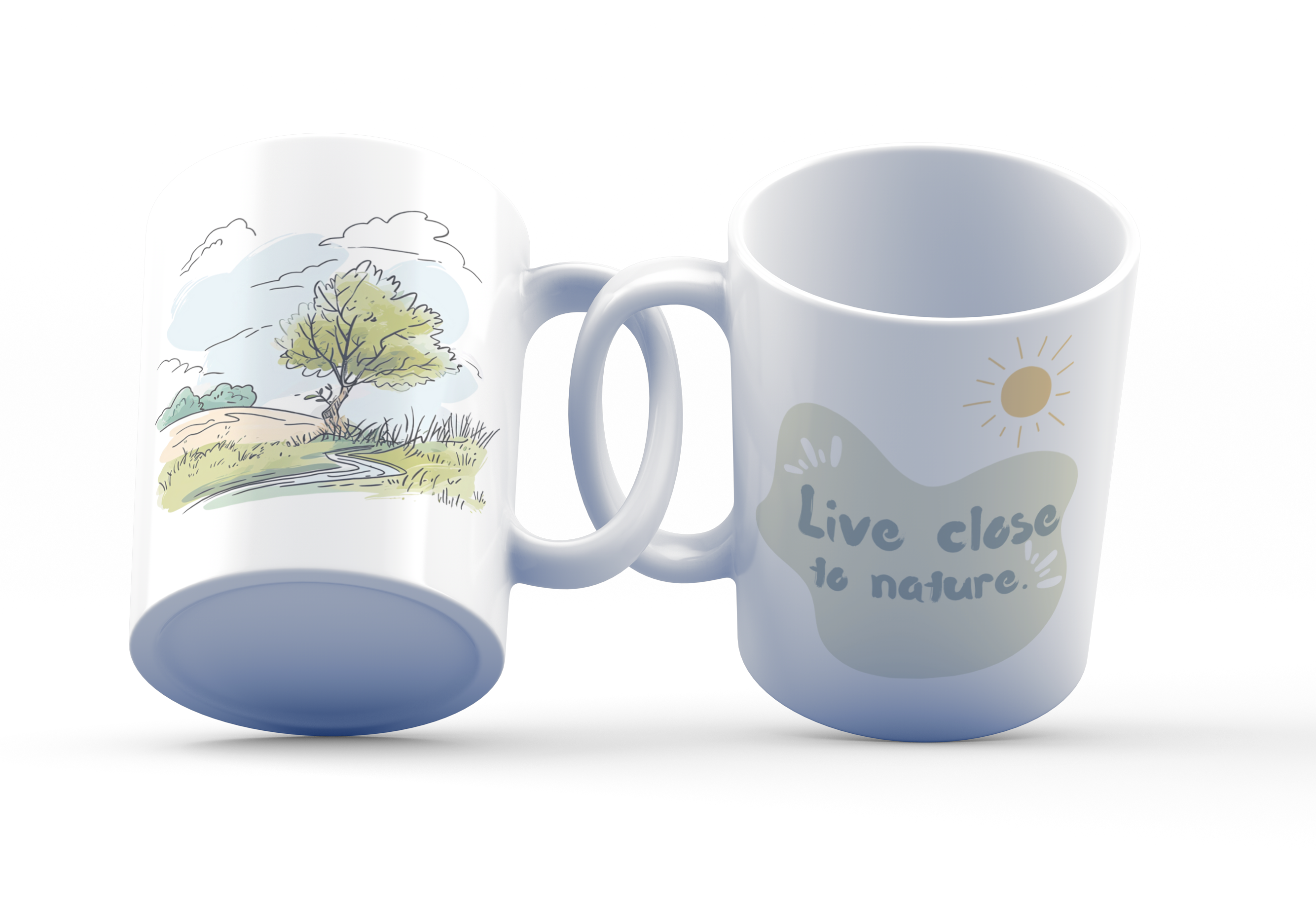 Two white ceramic mugs with a green and brown tree illustration and the quote 'Live Close to Nature'. One mug shows the exterior while the other displays the interior with a beverage.