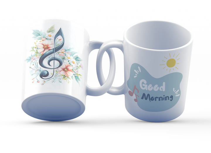 Floral Treble Clef Ceramic Coffee Mug, 11 oz Double-Sided Mug with Musical Note and "Good Morning" Design, Dishwasher and Microwave Safe Ceramic Mug for Music and Nature Lovers, Inspired by Nature