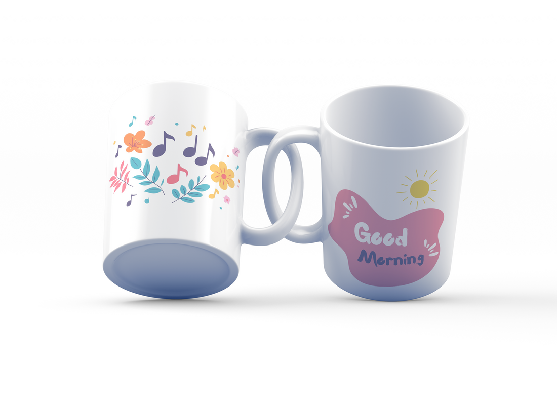 "Good Morning" Floral & Music Notes Mug – Artistic Double-Sided Ceramic Coffee Mug – 11 oz (325 ml) Dishwasher & Microwave Safe – Perfect Gift for Music and Nature Lovers