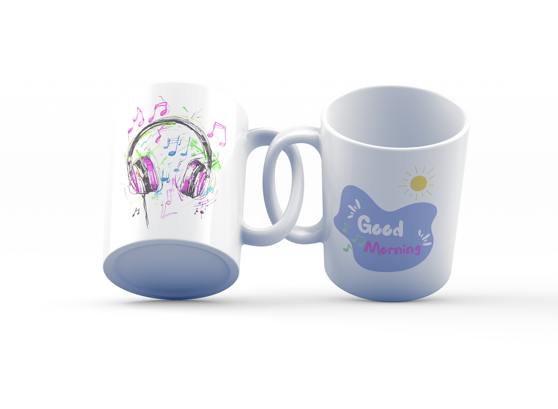 Good Morning Music Mug Set | Headphones & Good Morning Design | Vibrant 11oz Coffee Mugs for Music Lovers