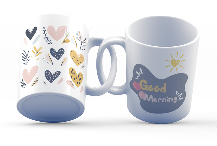 Good Morning Heart Design Ceramic Coffee Mug | 11 oz Coffee and Tea Mug with Cute Heart and Balloon Pattern | Durable Ceramic, Microwave & Dishwasher Safe | Great for Home or Office