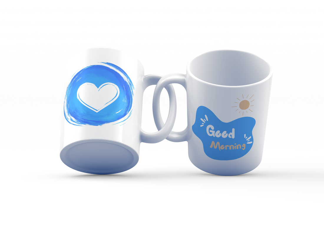 Good Morning Heart Mug Set | Blue Circle Heart & Good Morning Design | Positive Start 11oz Coffee Mugs