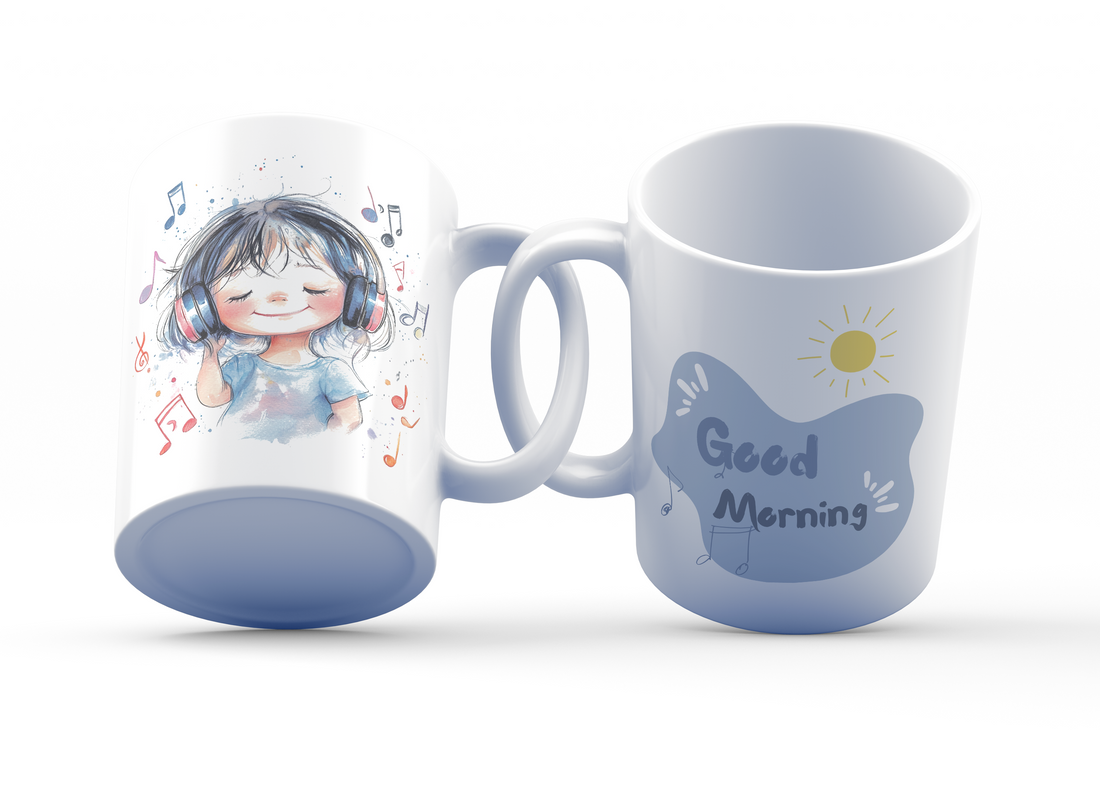 Music Lover Good Morning Ceramic Coffee Mug, 11 oz Double-Sided Mug with Cute Headphones Girl Artwork and "Good Morning" Design, Dishwasher and Microwave Safe Mug for Music Enthusiasts, Inspired by Nature