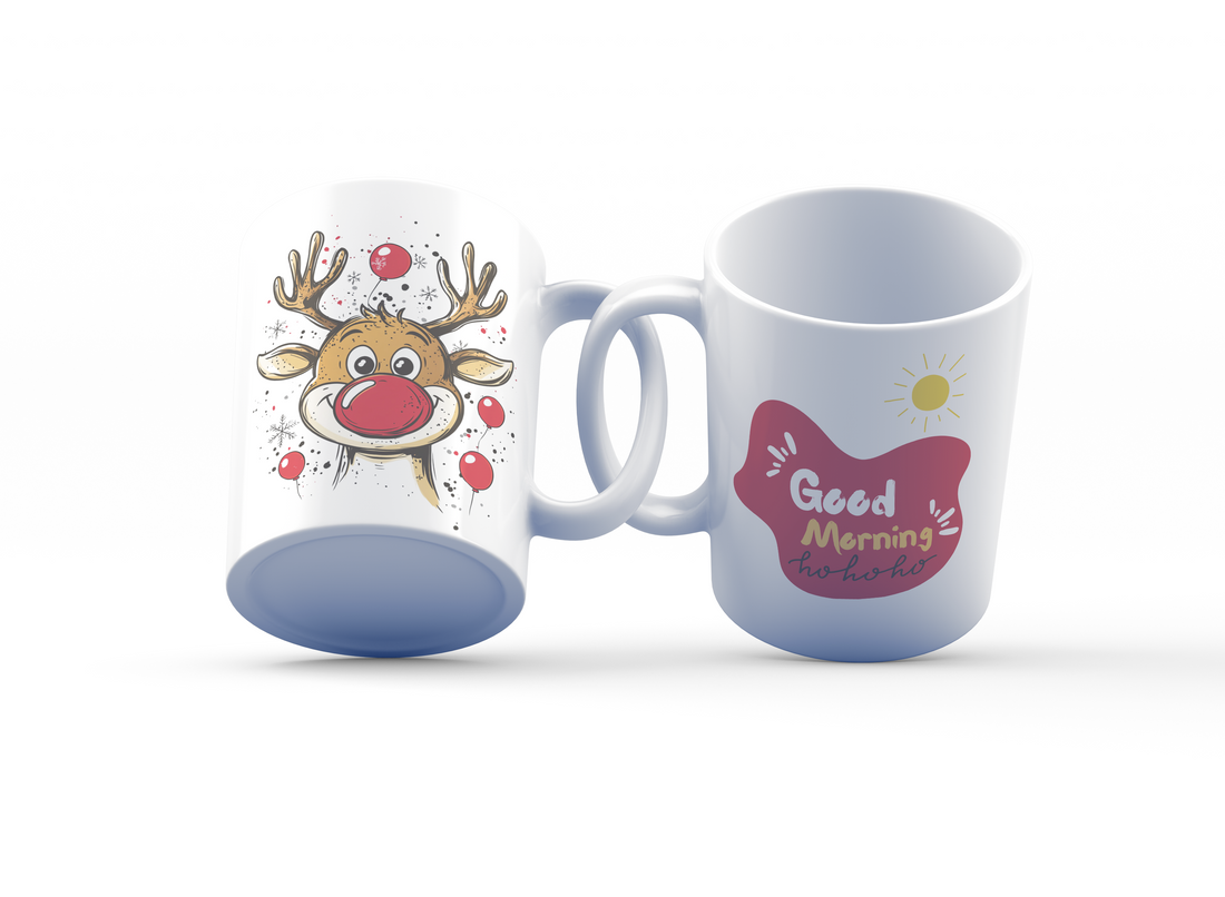 Good Morning Christmas Mug Set | Festive Reindeer & "Ho Ho Ho" Design | 11oz Holiday Coffee Mugs